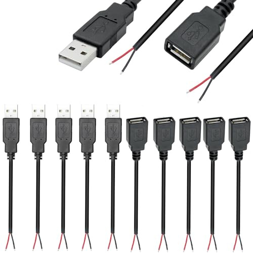 VISSQH 5 Paar(10 Stück) USB Stecker & Buchse Pigtail Kabel,USB Stecker Lötbar 2 pin Bare Wire,USB 2.0 Stecker blankes Kabel Pigtail für USB-Geräte installiert oder DIY ersetzen Reparatur (30cm)