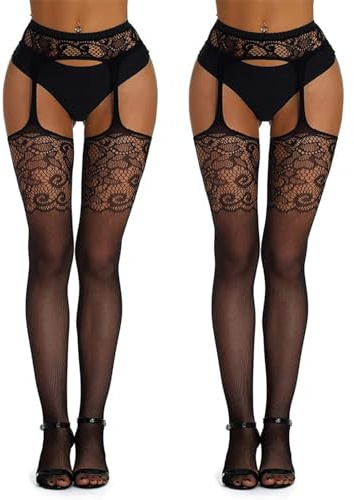 2 Paia Calze Autoreggenti da Donna Sexy Rete Curvy Taglie Forti Calze per Reggicalze Pizzo Hot Collant Intimo sexy donna Biancheria Intima, Calzes per Reggicalze a Rete Collant , Taglia Unica, Nero