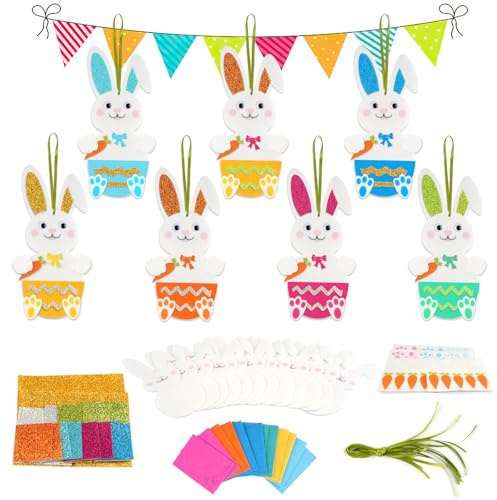 Deepton 12 Stück Osterhasen Bastelset Kinder, Filz Ostern Basteln Kinder, Ostern Anhänger Deko, Kreatives DIY Osterhasen Bastelset, Ostern Basteln Deko für Frühling und Ostern