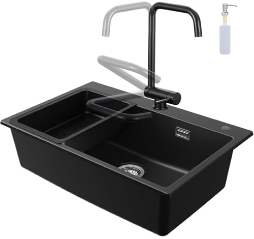 CECIPA Évier de Cuisine Noir en Granit 70 x 45 cm, 1 Bac Encastrable pour Meuble 80cm, Robinet Extensible, Distributeur de Savon, Panier de Vidange et Siphon
