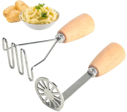 Minnhua 2PCS Potato Mashers Potato Masher Stainless Steel Vegetable Masher with Wood Handle for Mashed Potatoes Fruits Vegetables Baby Food Kitchen Gadgets Easy to Clean