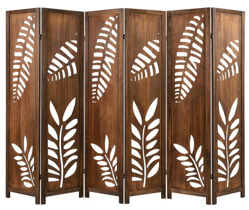 COSTWAY 4/6 Panel Folding Room Divider, Solid Paulownia Wood Privacy Screen Protector with Carved Leaf Pattern, Freestanding Paravent Partition Separator for Living Room Bedroom (6 Panel-240x170cm)