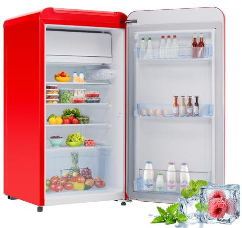 infirack Frigorifero a una porta, volume totale 91 litri, con mini congelatore, 85 kWh/anno, luce a LED, disponibile in nero e rosso. [Livello di energia E]