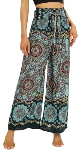 Nuofengkudu Pantaloni Larghi Bohemien Stampa Estivi Vita Alta Piega Elasticizzata Comodi Rayon Pantalone Leggero Ventata Motivi Hippy Chic Palazzo Elegante Viaggi Spiaggia Yoga Taglia Unica D Verde