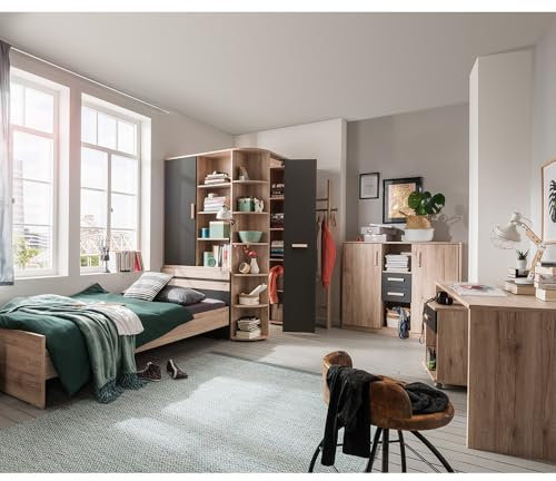 Lomadox Jugendzimmer Set 6-teilig mit Bett 90x200cm in Eiche mit Graphit, inkl. Eckkleiderschrank, Garderobenstange, Highboard, Schreibtisch, Rollcontainer