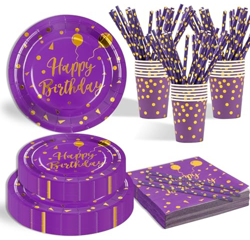 125 Stück Lila und Gold Partygeschirr Party Set，Happy Birthday Partygeschirr Set，25 Gäste Pappbecher Pappteller Servietten Trinkhalme Papier für Party Geburtstag