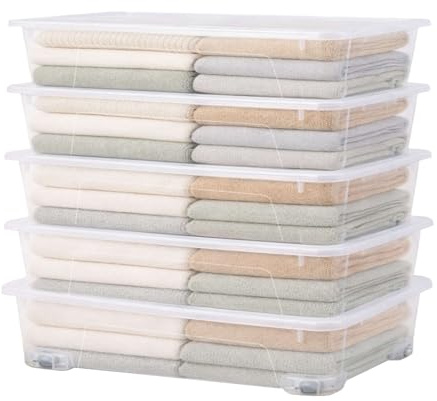 Sundis View Box, boîte de rangement sous le lit avec roues, 50L, x5 | Avec couvercle, en plastique transparent, superposable et empilable, idéale dessous lit, canapé, dressing