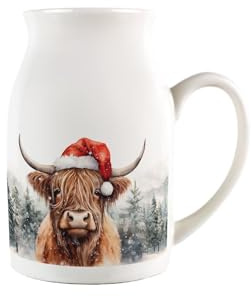 Christmas Highland Cow Milk Jug - Small Porcelain Creamer Jug Pitcher with Handle for Xmas Dinner, 450ml, White