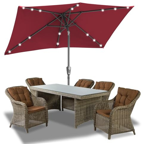 Jaxguom 140x210CM Sonnenschirm Rechteckig Solar LED Kurbel-Schirm Gartenschirm Terrassenschirm knickbar Sonnenschirme ohne Ständer Großschirm für Balkon,Terrasse,Garten,Rot