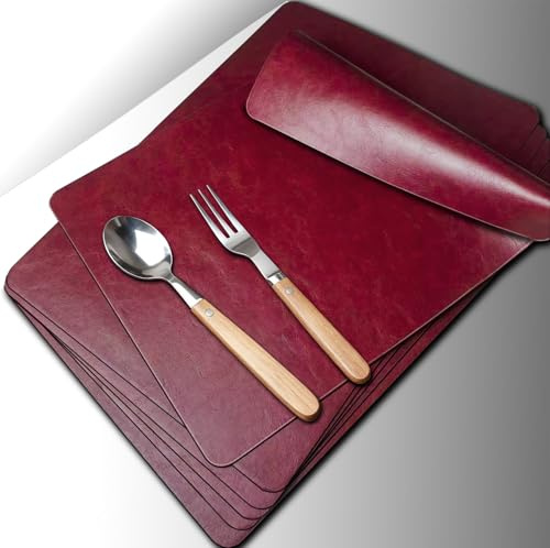 Hochwertige Rot Tischsets Abwaschbar Leder,Platzsets 6er Set, Einfach zu Reinigen-Leicht zu Warten-Auslaufsicher Platzdeckchen, Telleruntersetzer Plastik Kunststoff für Tischdekoration Weihnachtsessen