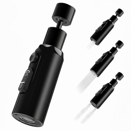 360° Kitchen Tap Spray Head, 3 Function Kitchen Tap Spray Head Attachment, Faucet Aerator Splash Proof Spout, with Five mounting adapters and Three gaskets (Black)