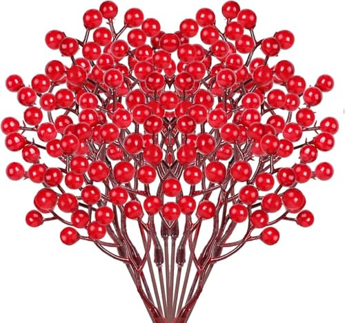 VEYLIN Künstliche Weihnachtsbeeren, 100 Stück, Rot, 17,5 cm, Stechpalmenbeeren für Kranz und Christbaumschmuck (20pcs-17.5cm)