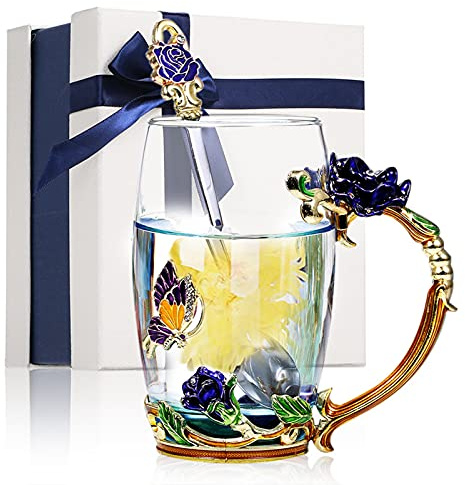 Tasses à thé en Verre, Tasse de thé Chaud à Fleurs innovantes avec Tasse de Boisson à cuillère pour Maman Femme Grand-mère Filles c Anniversaire de Noël Festive (350ML)
