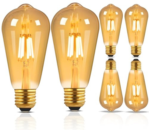 Liuyife 6 Stück Dimmbare ST64 Retro-Edison-LED-Glühbirnen, 6Watt Entsprechen 60Watt, Warmweißes Amberlicht mit 2200K, E27-Gewinde, Wolframglühbirnen, Geeignet für Schlafzimmer, Cafés, Kronleuchter