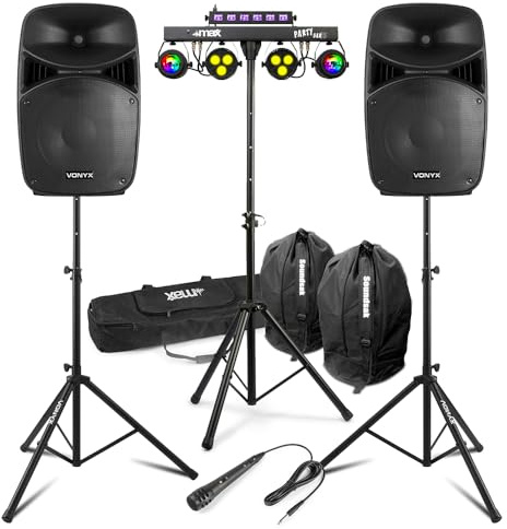 Vonyx VPS152A 15 Active DJ Speaker Package with Bluetooth, MAX PartyBar10 Disco Lights, Stands, Microphone & SoundSak Protective Bags - Ideal Home DJ Setup for Medium/Large Gigs