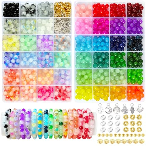 MATVHRUI 1100 Perlen für Armbänder, 46 Farben 8mm Glasperlen zum Auffädeln | Bunt Edelstein Perlen Set zum Basteln für Schmuck Armbänder Selber Machen und DIY Handwerk