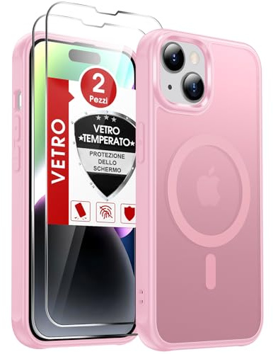 LeYi Cover Magnetica per iPhone 14 con 2 Pezzi Vetro Temperato(Rosa) | Custodia per iPhone 14 Traslucida Opaca Anti-Impronte Resistente ai Graffi Paraurti in TPU Antiurto Protettiva Case 6,1''