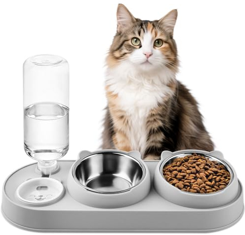 MOXYOY 3-i-1 kattskål, upphöjd kattmat och vattenskål set med vattendispenser, skålar i rostfritt stål med stativ lutad 15°, halkfria kattungar matskålar för katter och hundar (grå)