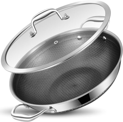 LOLYKITCH 34cm Stainless Steel Non-Stick Wok with Lid | Ceramic Coating Stir Fry Wok with Double Handles, Induction Compatible, Uniform Heating & Oven Safe