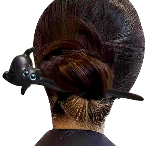 Palillo para el pelo de ébano - Palillos para el pelo con forma de gato de | madera de 18 cm con diseño elegante y construcción duradera | Horquilla Con Acabado Liso Para Peinar Cabello, Diario