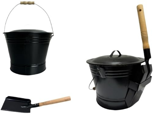 Lagomloot Ascheeimer mit Deckel, feuerfester verzinkter Eisen-Holzkohleeimer mit Schaufel für Kamin, Holzofen, Grill, 18 x 31 cm, Schwarz