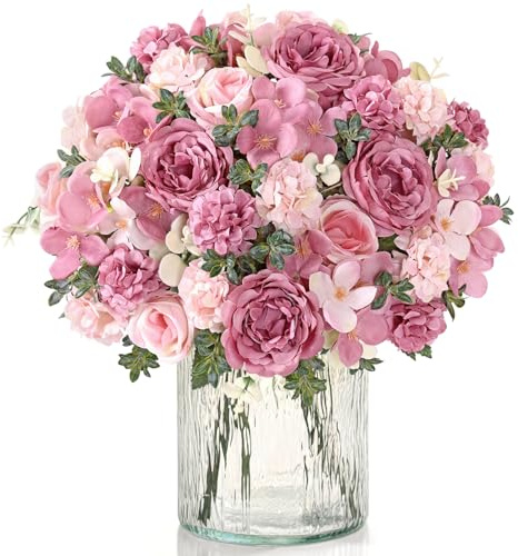 2 Pcs Artificial Roses Peonies Flowers Purple Fake Hydrangea Flower Bouquet | Silk Flowers, Real Touch Faux Flowers, Peony Rose Gifts, Floral Arrangement for Wedding Party Home Table Centerpieces Decor