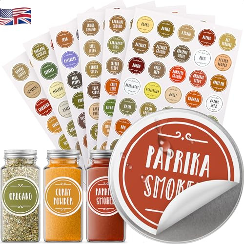 Vinta 210 etiquetas adhesivas en inglés para tarros y frascos de especias; preimpreso; codificado por colores; impermeable y resistente al aceite; 38mm; incluye etiquetas adicionales personalizables