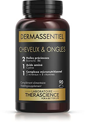 DERMASSENTIEL CHEVEUX & ONGLES | Nourrit & Fortifie | Cure 3 mois | 13 nutriments essentiels | Acide-γ-Linolénique et Céramides | Vitamines B6 & B8 | Cystine | 90 Capsules | Laboratoire THERASCIENCE