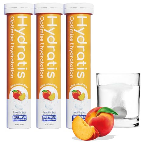 HYDRATIS - Pastilles Effervescentes Pêche - Optimise l'Hydratation - Riche en Minéraux - Faible en Sucre - Goûts Légers - Sport, Crampes, Récupération - 60 Pastilles
