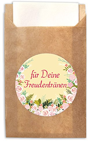 JuNa-Experten 150 Aufkleber für Freudentränen + 150 Tüten für Hochzeit, Taufe/Aufkleber für Taschentuchtüten/romantische Sticker für Geschenkverpüackung Taschentuchverpackung