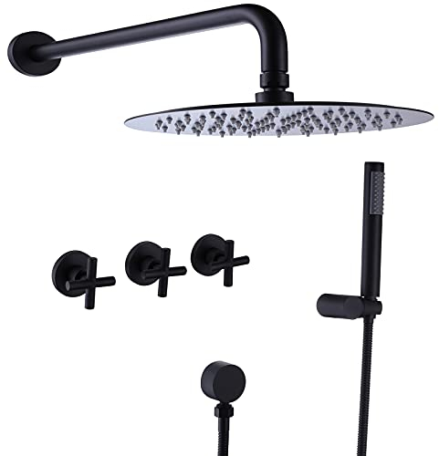 RBROHANT Black Shower Faucet Set Brass Shower System, 10 Inch High Pressure Round Rain Shower Head with Handheld Spray, Wall Mounted, Rough-in Valve Included, Matte Black, RCS81010MB