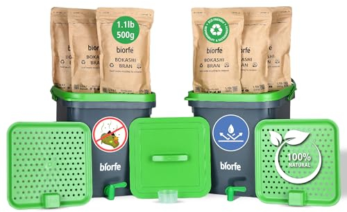 Biorfe 2 Bucket Bokashi Compost Starter Kit, All Season Indoor Beginners Composter, Countertop Kitchen Bokashi Bin, Easily Composting Container With 6.6 Lb Compost Bran, Food Recycler For Living