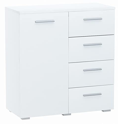 MATKAM Byrå Helena B 80 x H 84,5 x D 35 cm, skänk med 4 lådor och 1 fack med dörrar, perfekt för kontor, hall, vardagsrum, ungdoms- eller barnrum (vit)