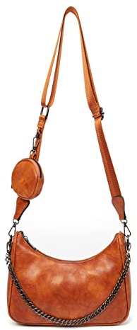 myfriday Schultertasche Hobo Crossbody Umhängetasche für Damen Ölwachs Leder Handtasche mit Kleine Münzgeldbörse & Metall Kette