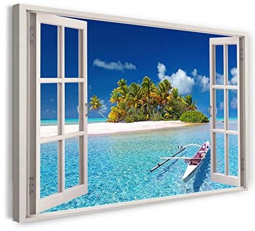Printistico Bilder Fensterblick 100x70cm Baumwoll-Leinwand auf Keilrahmen mit Aufhänger moderner Kunstdruck XXL Wandbilder Wand-Dekoration Insel Palmen Urlaub Meer Strand - Natur-Fotografie