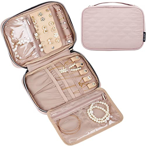 BELALIFE Travel Jewelry Organizer, Portable Storage Case for Earrings, Rings, Necklaces, Bracelets, Pink