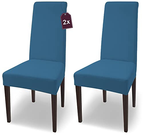 Scheffler Home Stuhlhussen Blau 2er Set Jersey Baumwolle Natalie | Waschbare Stretch-Stuhlbezüge für Schwingstühle, Freischwinger und Esszimmerstühle, Öko-Tex zertifiziert