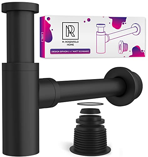 M. ROSENFELD HOME Design Siphon Waschbecken Schwarz Matt – Edelstahl Siphon Schwarz, 60–140 mm Tauchrohr, Wandrohr 300 mm, 1¼, mit Reinigungsöffnung und Dichtungen
