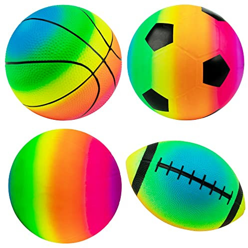 Homotte Rainbow Sports Balls Pack of 4, 1 Each of 8.5 Football, Basketball, Soccer and Volleyball for Playground, Inflatable Multi-Sport Ball Set with 1 Pump for Kids Outdoor Activities