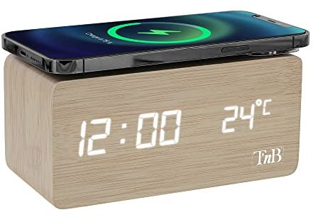 T'nB - Réveil Dynamo avec Chargeur Induction 10W, Alimentation Filaire sur Secteur, 3 Alarmes Programmables, Température, Luminosité Réglable, Mode Week-End, Horloge Numérique - Couleur Bois