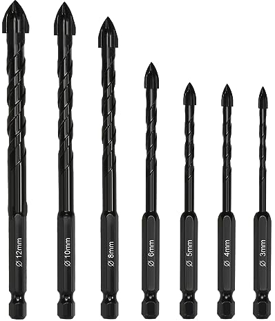 Fliesenbohrer Set, 7 Stück Glasbohrer Steinbohrer Bohrer Set mit Sechskantschaft Universalbohrer für Hobbybastler Beton Ziegel Glas Kunststoff Holz (3mm,4mm,5mm, 6mm,8mm,10mm,12mm)