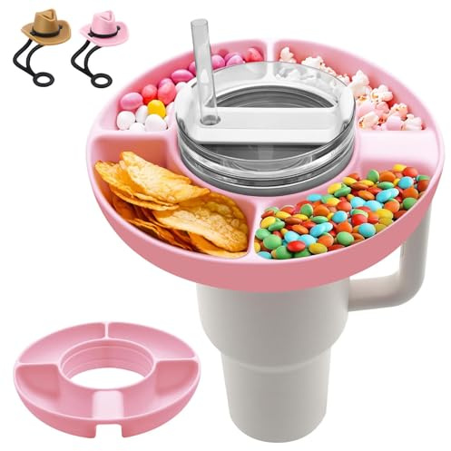 Stanley Snack Tray for Stanley 40 oz Tumbler with Handle, Reusable Snack Bowl for Stanley Cup Accessories with 2Pcs Cowboy Hat Straw Caps, 4 Compartment Divided Tray for Candy,Nuts,Popcorn. (Pink)