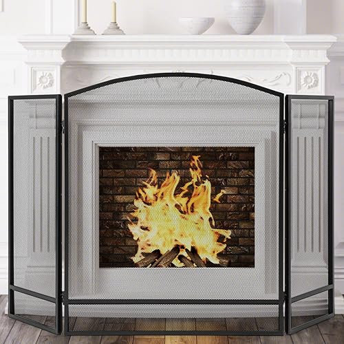 GiantexUK 3-Panel Folding Fire Guard, Metal Mesh Fireplace Screen, Heavy Duty Freestanding Spark Guard Safety Barrier for Child Baby Pet Open Fire (No Pattern, 123 x 74cm)