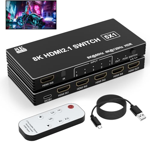 Switch HDMI 8K 5 in 1 uscita, splitter HDMI a 5 porte con IR Selettore switch HDMI supporto 8K a 60 Hz 4K a 120 Hz, switch HDMI 2.1 compatibile con PS 5/4/3 Xbox Switch Roku TV Fire Stick PC