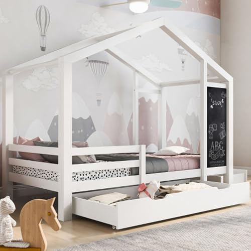 buiesjole Hausbett 90x200 cm Mit 2 Schubladen Und Tafel Kinderbett Mit Fallschutz Und Lattenrost Holzbett Jugendbett Für Kinder Jugendliche Bodenbett Massivholz Weiß