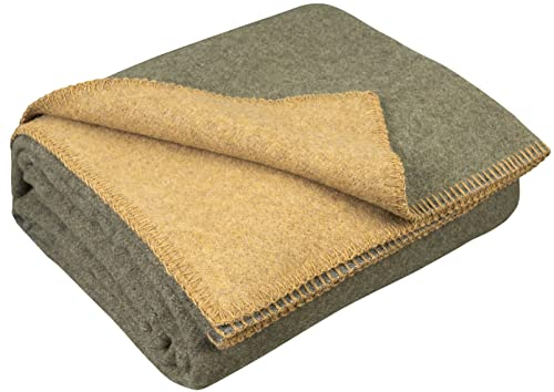 LYHome Coperta Lana - Pura e Calda Copriletto per Divano Letto Singolo, Plaid Invernale Autunnale, Coperte da Viaggio Esterni Campeggio Militare Esercito (130x170 cm | Oliva - Senape Doppio lato)