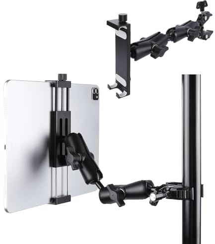 Aluminium-Doppelarm-Tablet-Halterung mit Super-Klemme für Schienen mit einem Durchmesser von 1,3 cm bis 5,1 cm, seitliche Halterung für Mikrofonständer, kompatibel mit iPad Pro 12,9 Air Mini, Galaxy