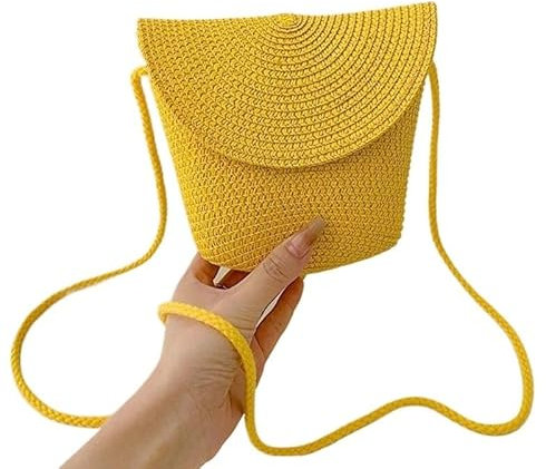 wangfq Korbtaschen Damen Strohtasche for Damen, gewebt, Strand-Umhängetasche for Damen, niedliche Schultertasche, kleine Handtasche Basttaschen Damen Sommer(Yellow)