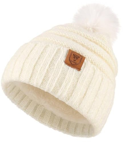 OZERO Damen Wintermütze Haube Strickmütze: Bommelmütze Thermo Fleece Gefütterte Beanie Mütze Wollmützen Mit Kunstfell Pudelmütze Winterkappe (Weiß)