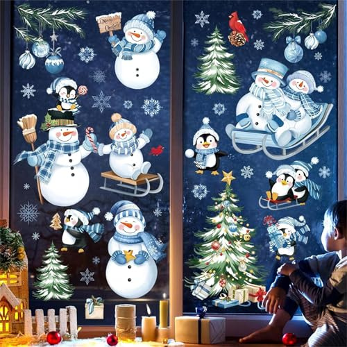 decalmile Fensterbilder Schneemann Pinguin Blau Weihnachte Fensteraufkleber | Statische Anti-Kollision Fensterdeko, Beidseitiger Druck, auf Beiden Seiten klar Sichtbar, Wasserdicht, Abnehmbar